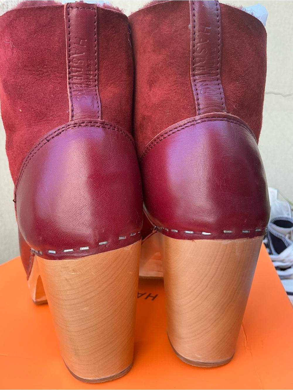 Hasbeens Handcrafted Burgundy Leather & Suede Women's Clog Heels